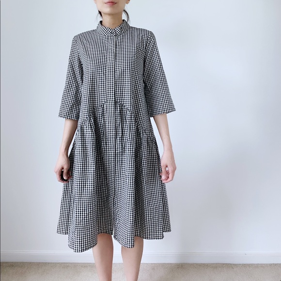 BLACK WHITE GINGHAM PLAID BUTTON DOWN MIDI DRESS - Picture 6 of 8